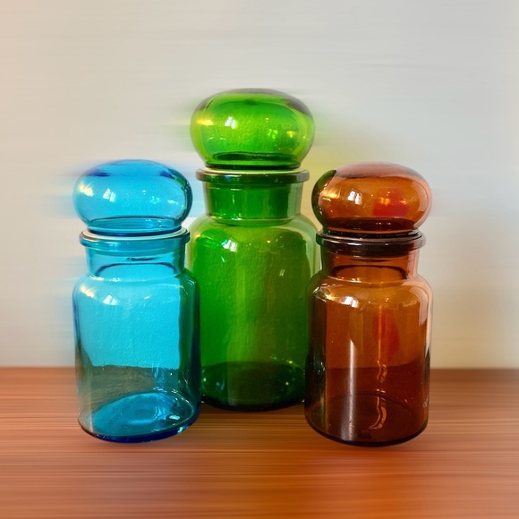 MCM Apothecary Jars Mid Century Glass Storage Canister Vintage Mushroom Lid - Picture 6 of 7